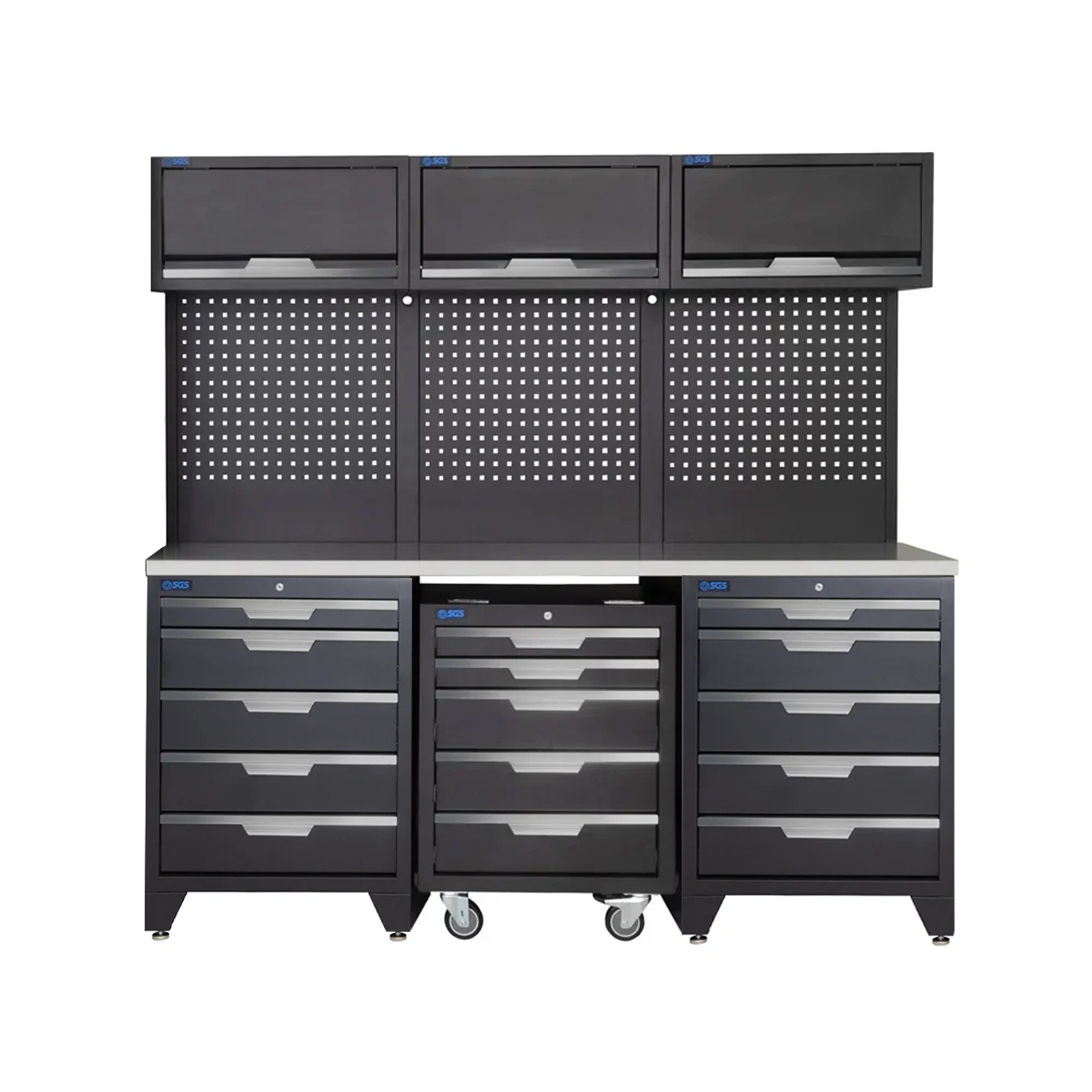 SGS 9pc Garage Storage System | 15 Drawers | Stainless Steel Triple Worktop | Roller Cabinet | 3x Lift‑Up Wall Cabinets
